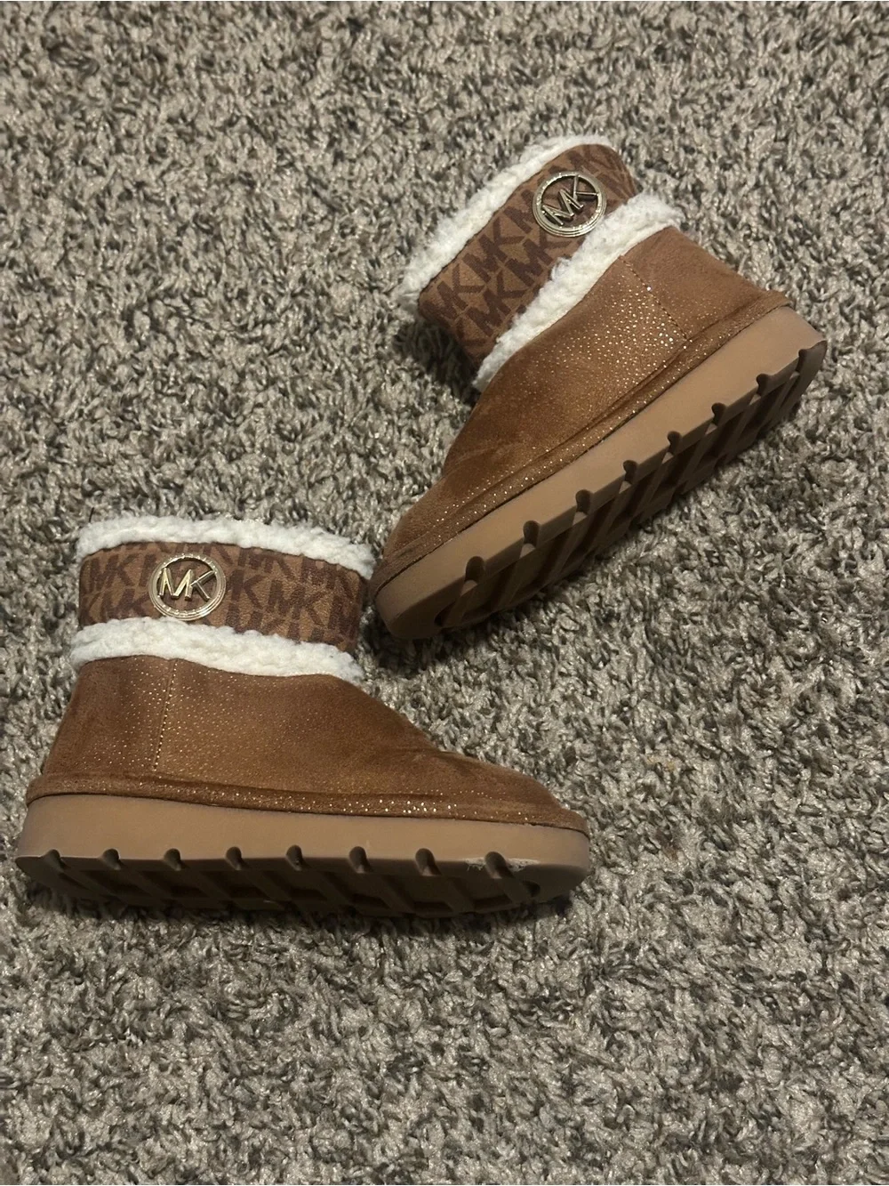 Michael Kors Girls' Tan Brown Faux-Shearling Logo Cuff Ankle Boots